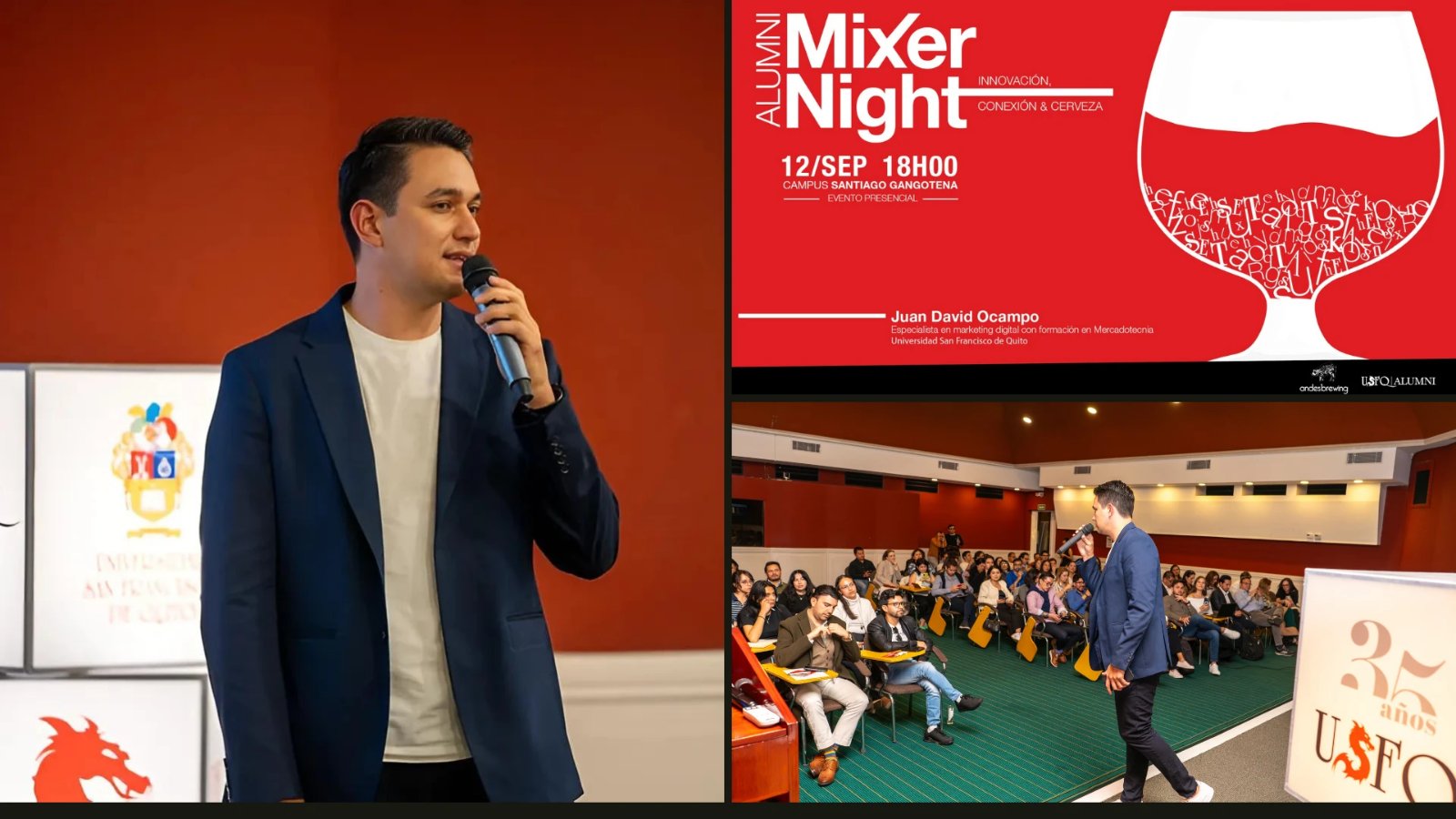 Juan David Ocampo como speaker en el Alumni Mixer Night de USFQ Alumni